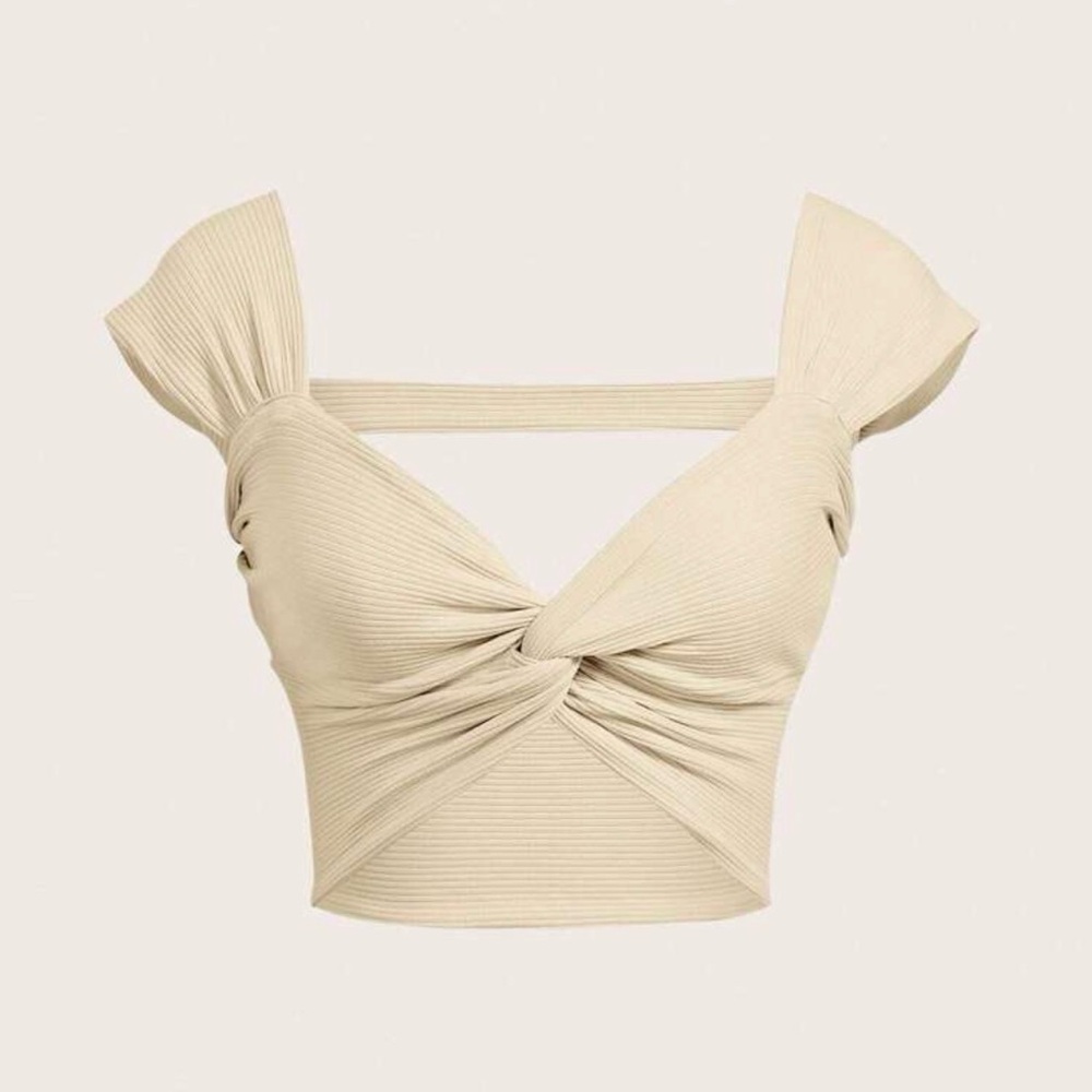 Ribbed Twist-Front Cream Crop Top